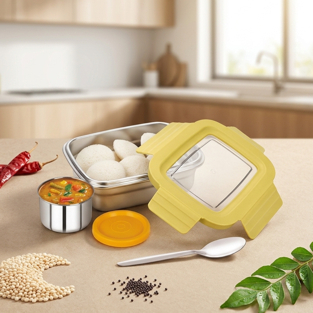 Cherish Stainless Steel Tiffin Set – Big Lunch Box (500ml) with Transparent Lid + Small Box (100ml)