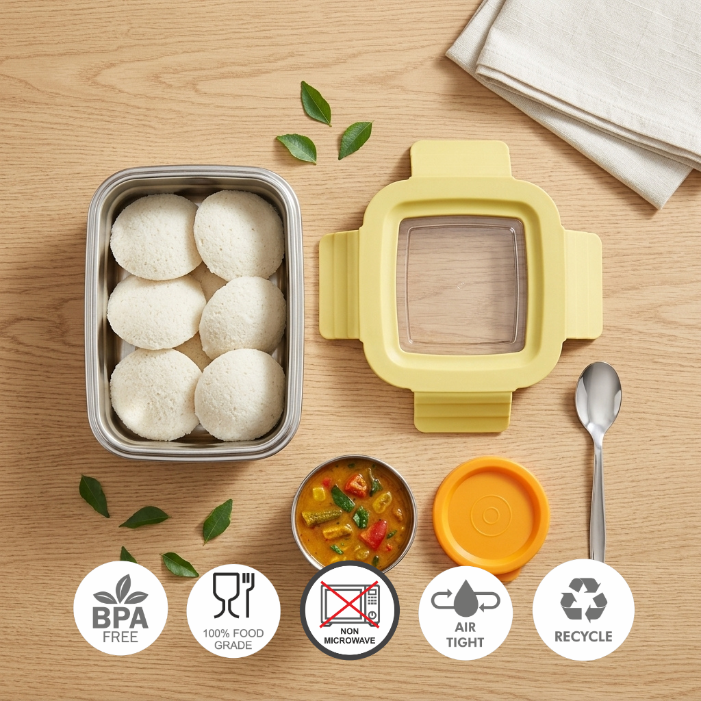 Cherish Stainless Steel Tiffin Set – Big Lunch Box (500ml) with Transparent Lid + Small Box (100ml)