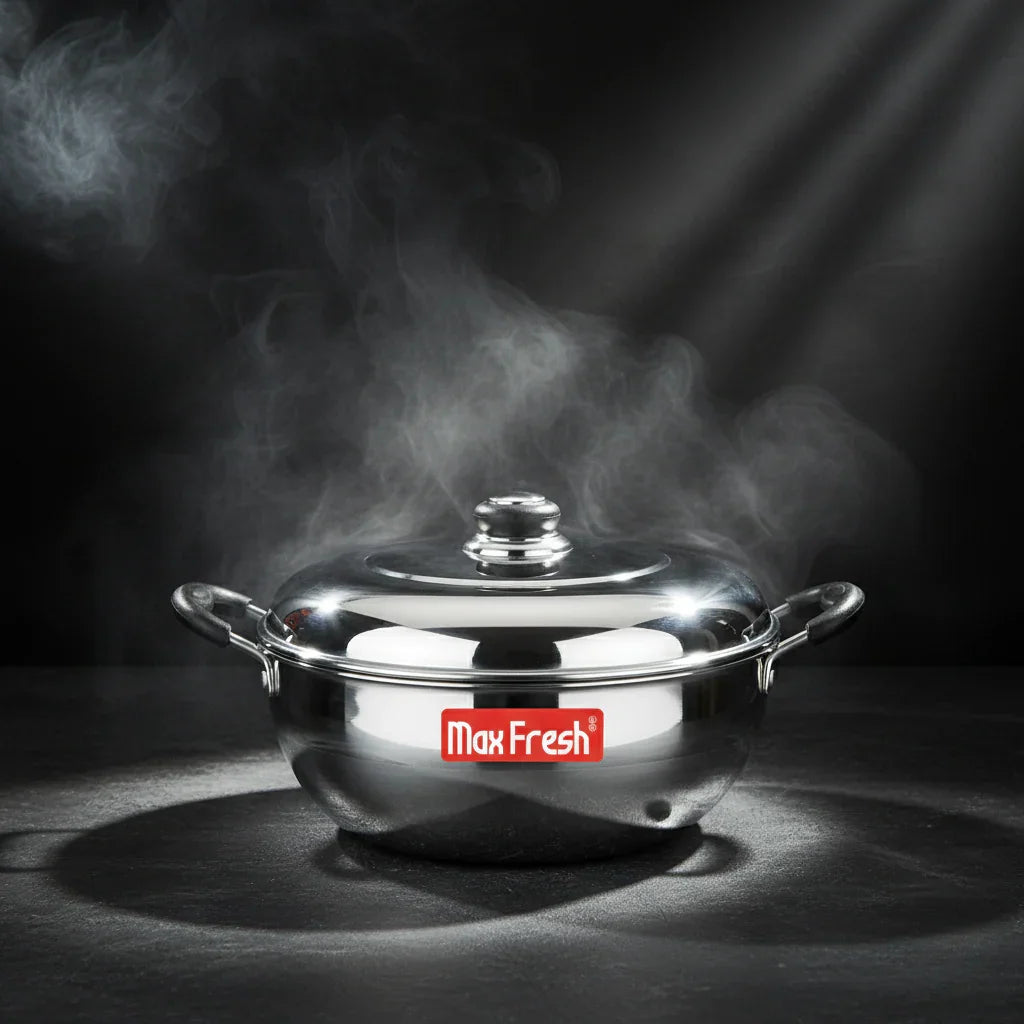 Stainless steel multi kadai with lid, steaming on a dark background, kitchen cookware