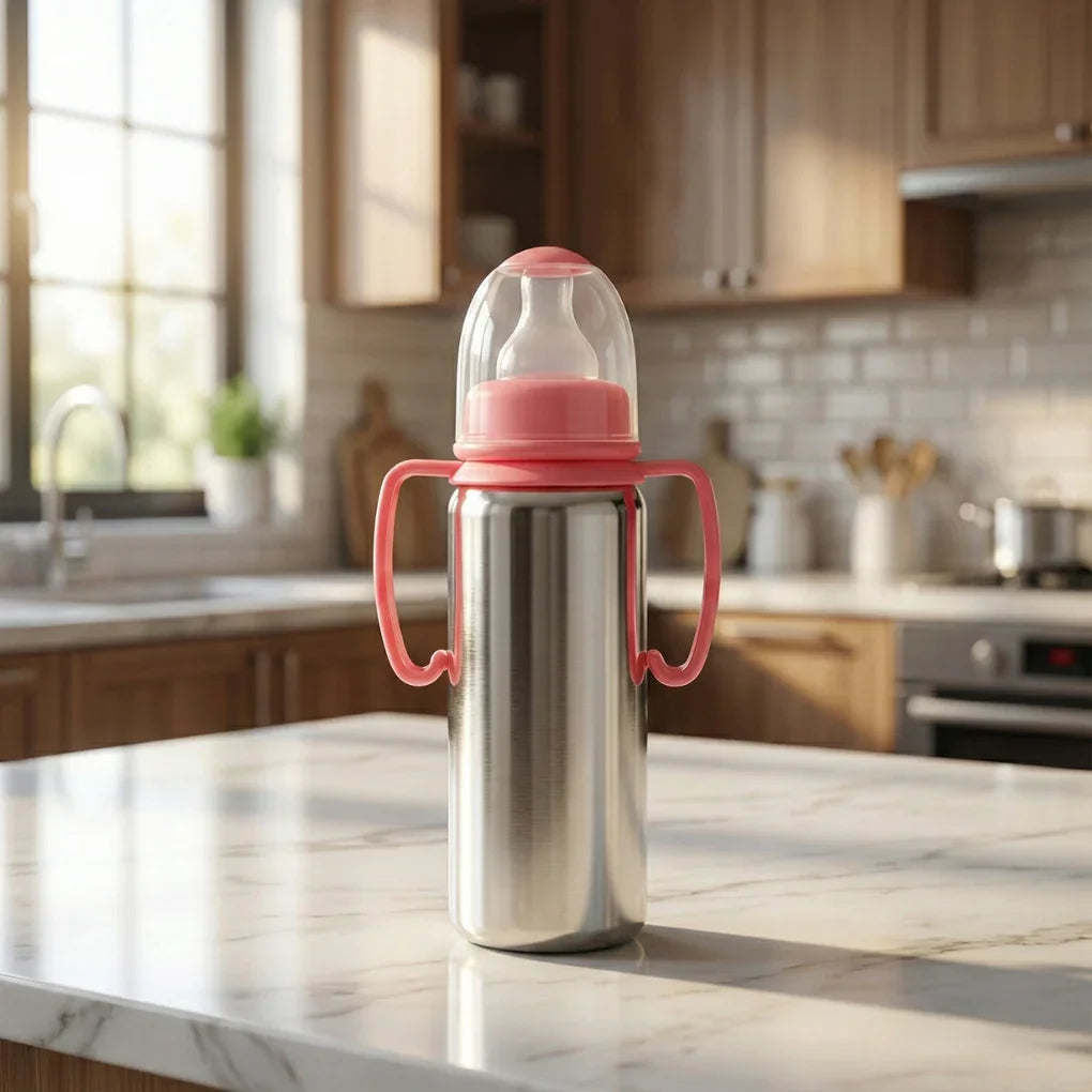 Stainless steel baby feeding bottle with pink handles and lid on kitchen counter
