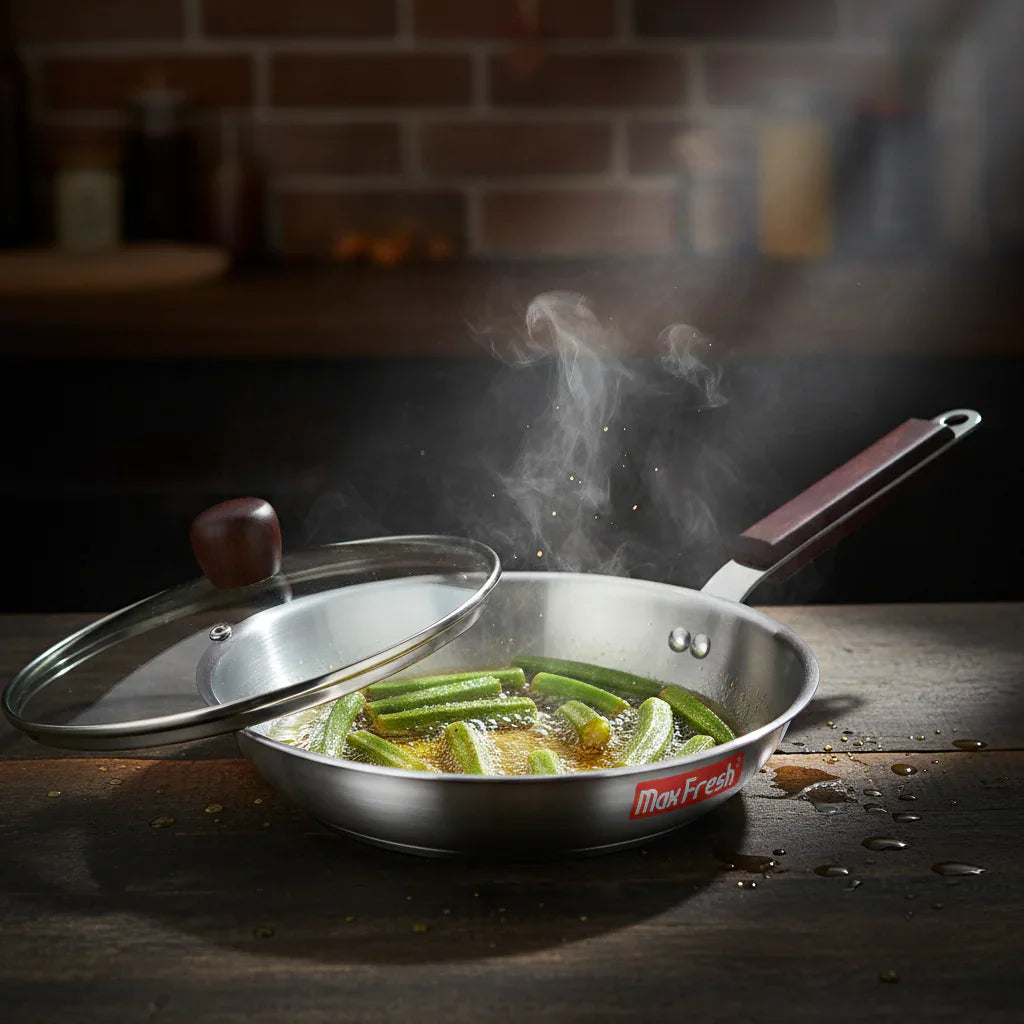 Stainless steel frying pan with glass lid, wooden handle, and vegetables cooking inside