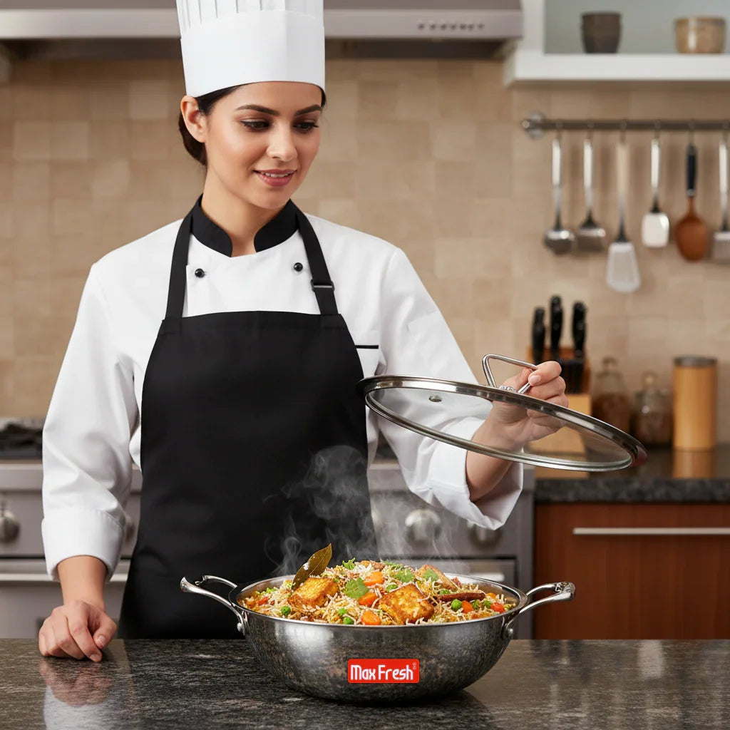 Chef opening stainless steel kadai with steaming food in modern kitchen