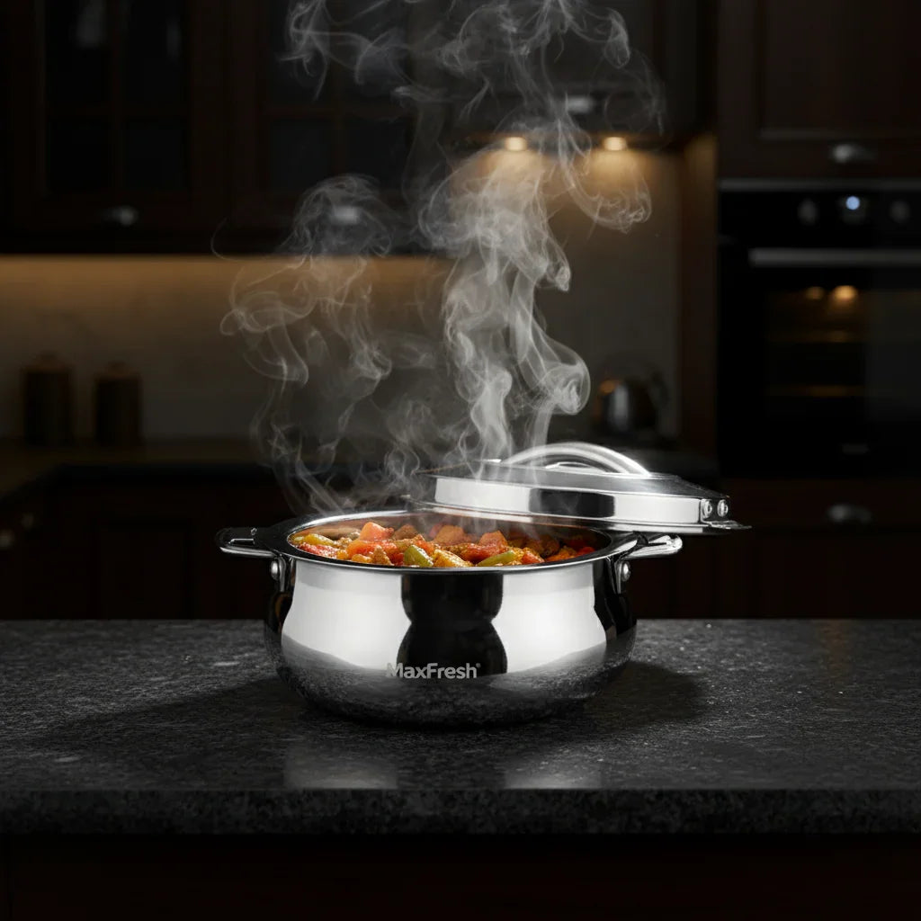 Steaming hot vegetables in a stainless steel casserole pot on a kitchen countertop