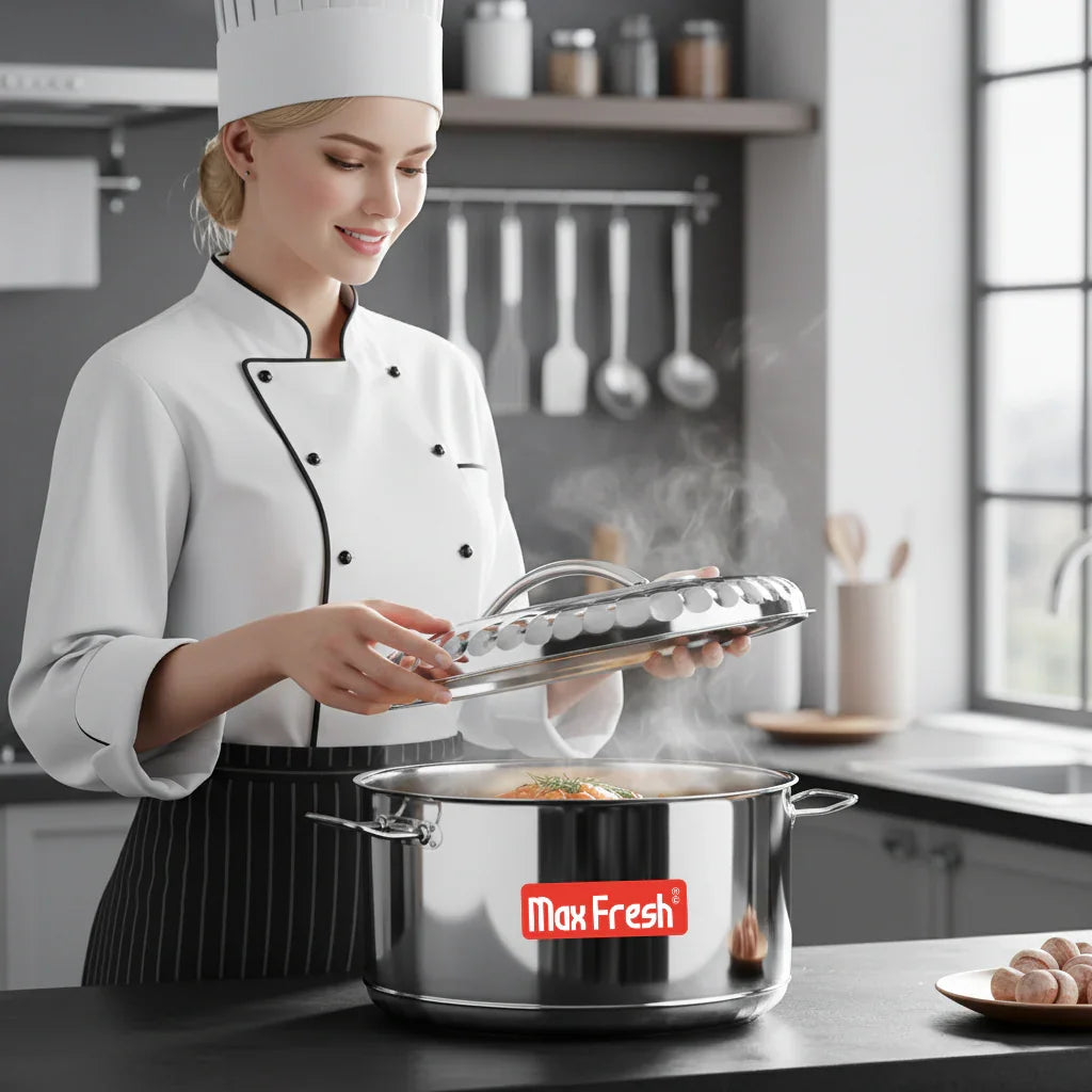 Chef cooking in a modern kitchen with a steaming stainless steel casserole pot