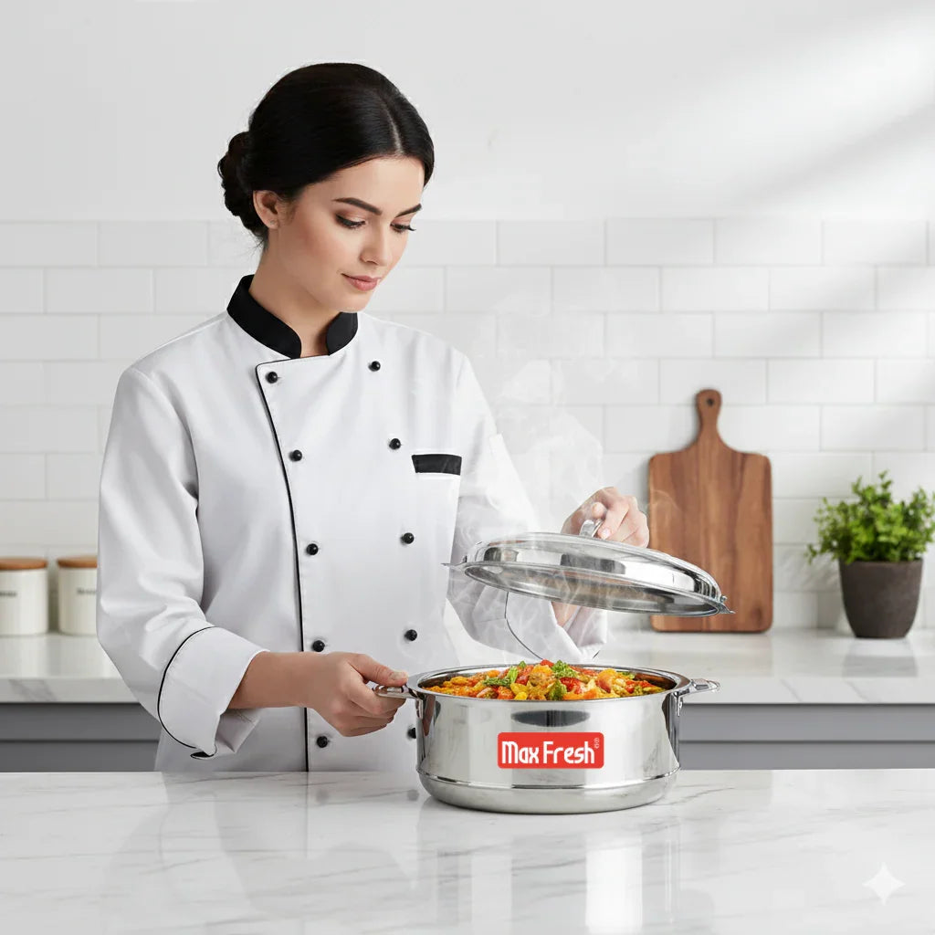 Chef opening stainless steel casserole with food in modern kitchen