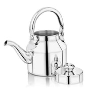 Shiny stainless steel Indian tea kettle with a curved spout and separate lid on white background