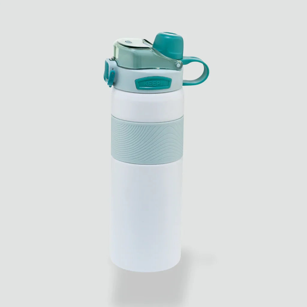 Stainless steel insulated water bottle with dual sipper lid, light blue and white design.