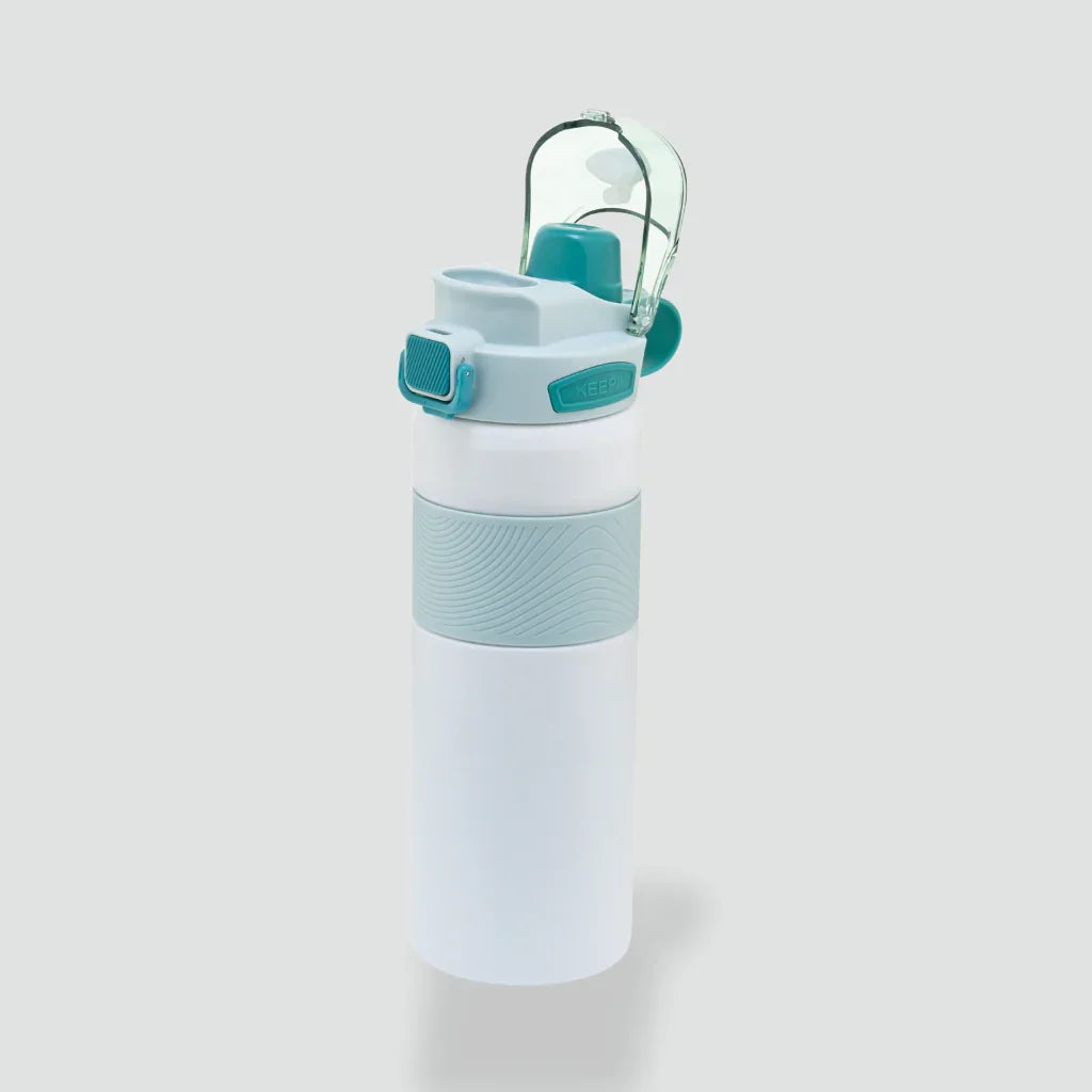 Stainless steel 2-in-1 hot and cold sipper water bottle with teal plastic lid