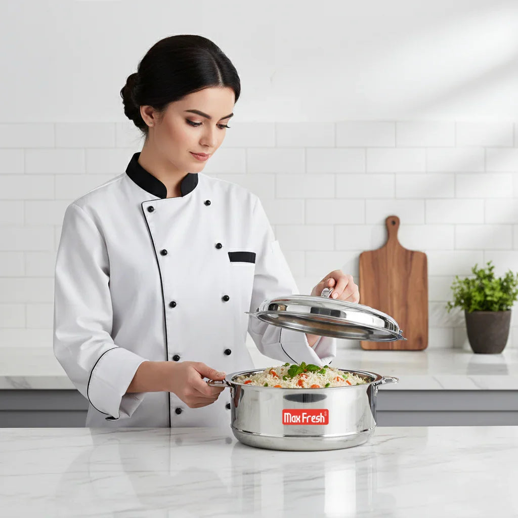 Chef opening stainless steel casserole filled with food on kitchen counter