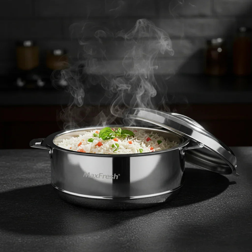 Steaming rice with vegetables in a stainless steel casserole on a kitchen countertop