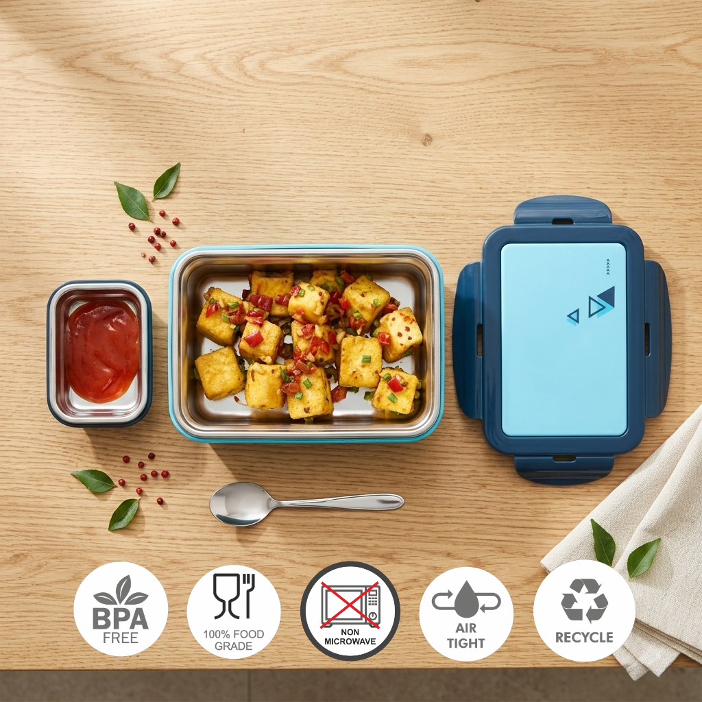 MaxFresh Playtime MealBox Stainless Steel Tiffin with Spoon / 690ml / 120ml / Insulated Lunch Box for Kids
