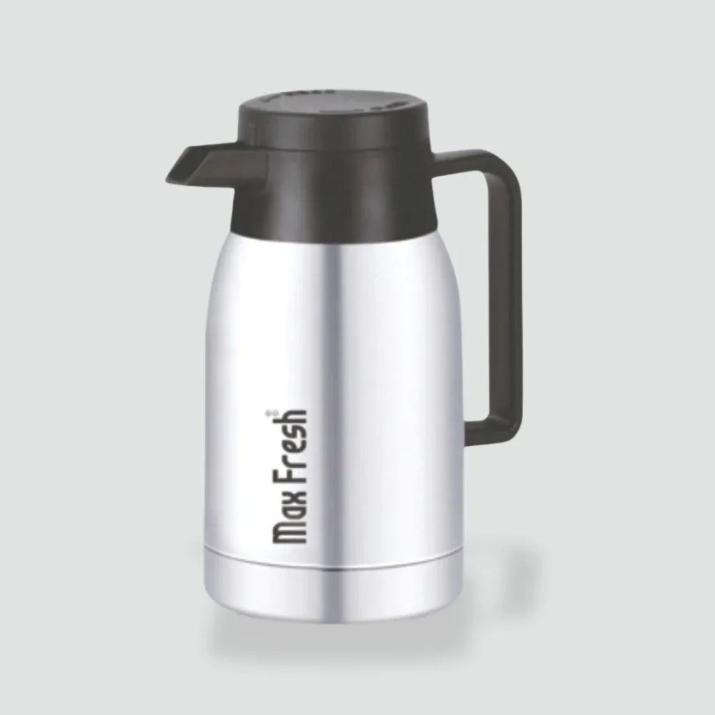 Stainless steel coffee pot with black lid and handle, insulated for hot and cold beverages.