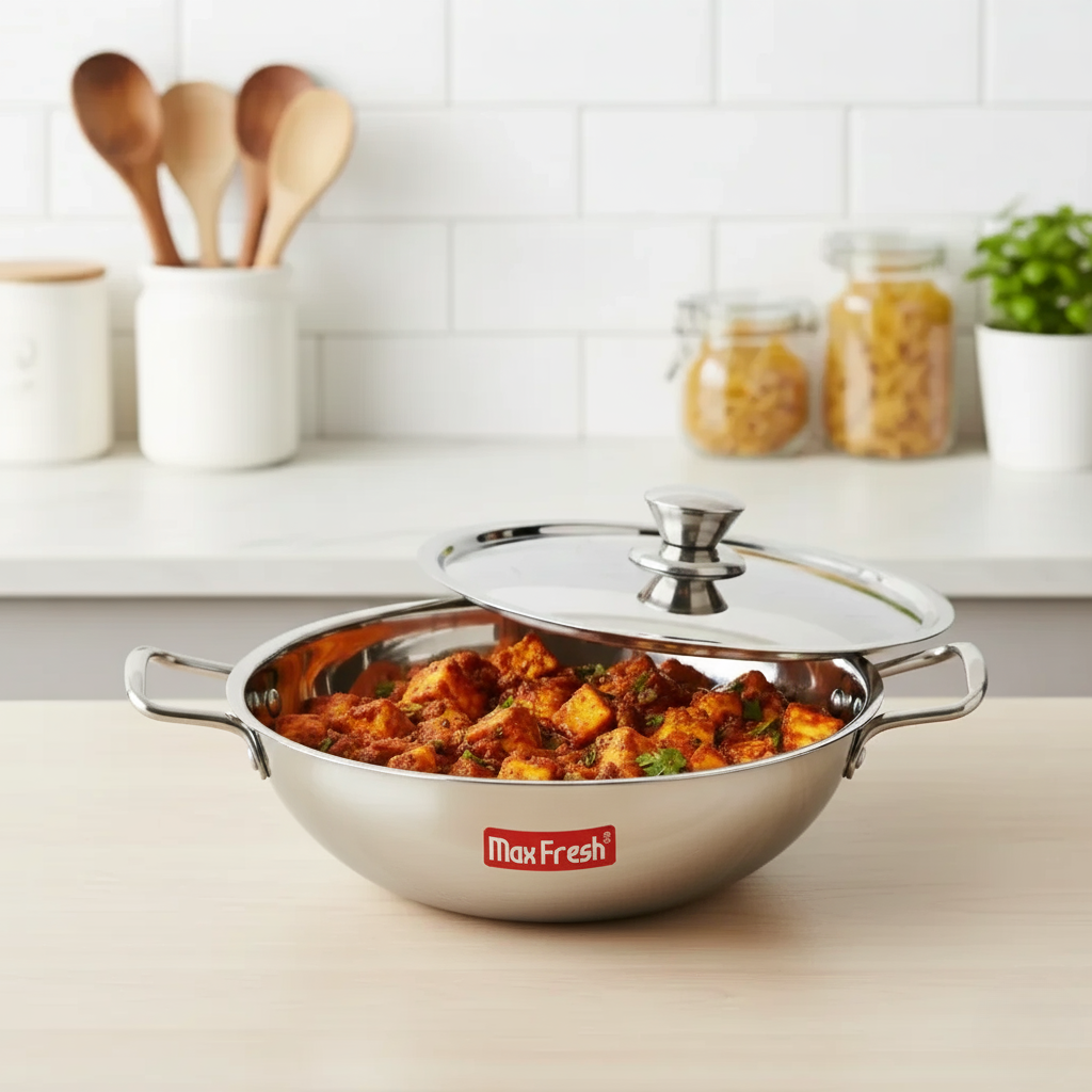 Stainless steel kadai with steel lid on kitchen counter, filled with cooked paneer curry
