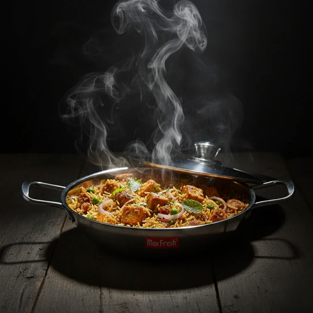 Steaming vegetable biryani served in stainless steel kadai with steel lid on wooden table