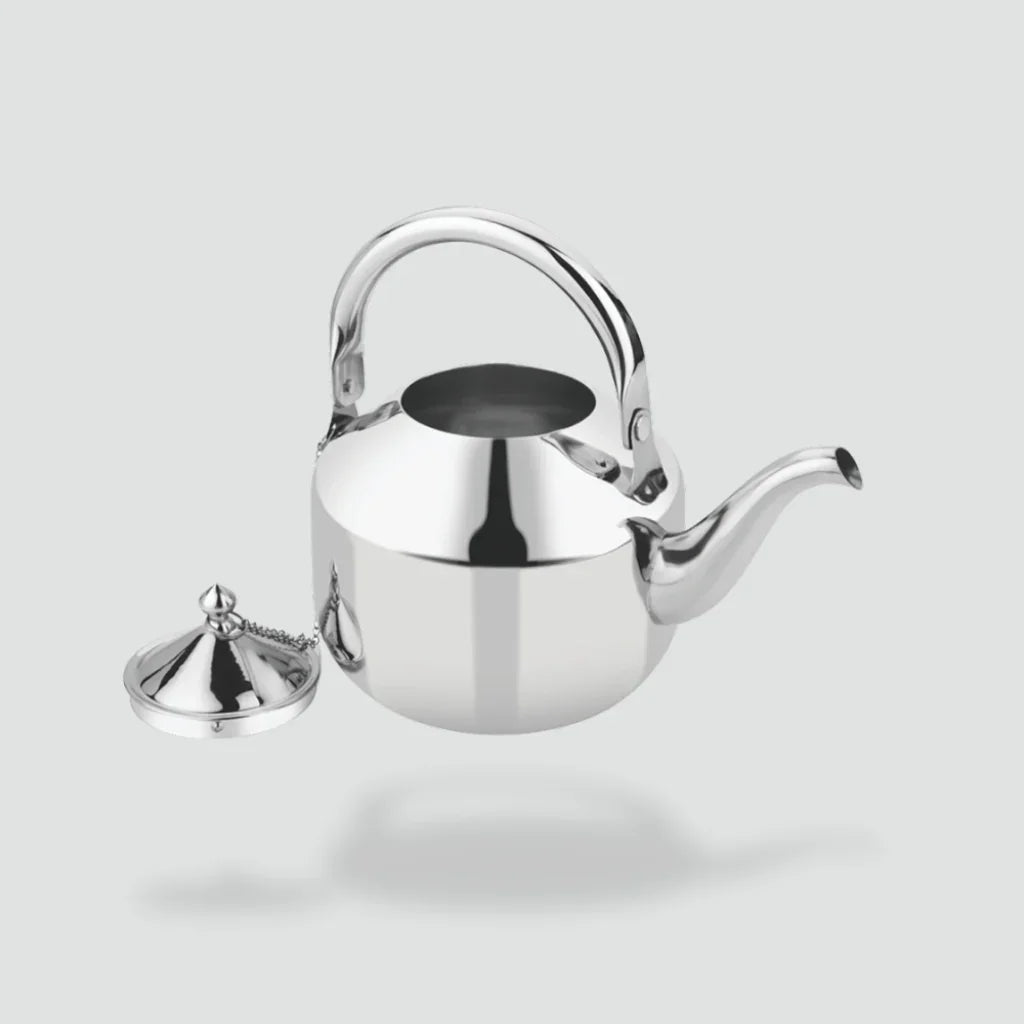 Stainless steel tea kettle with curved spout and open lid on a plain background