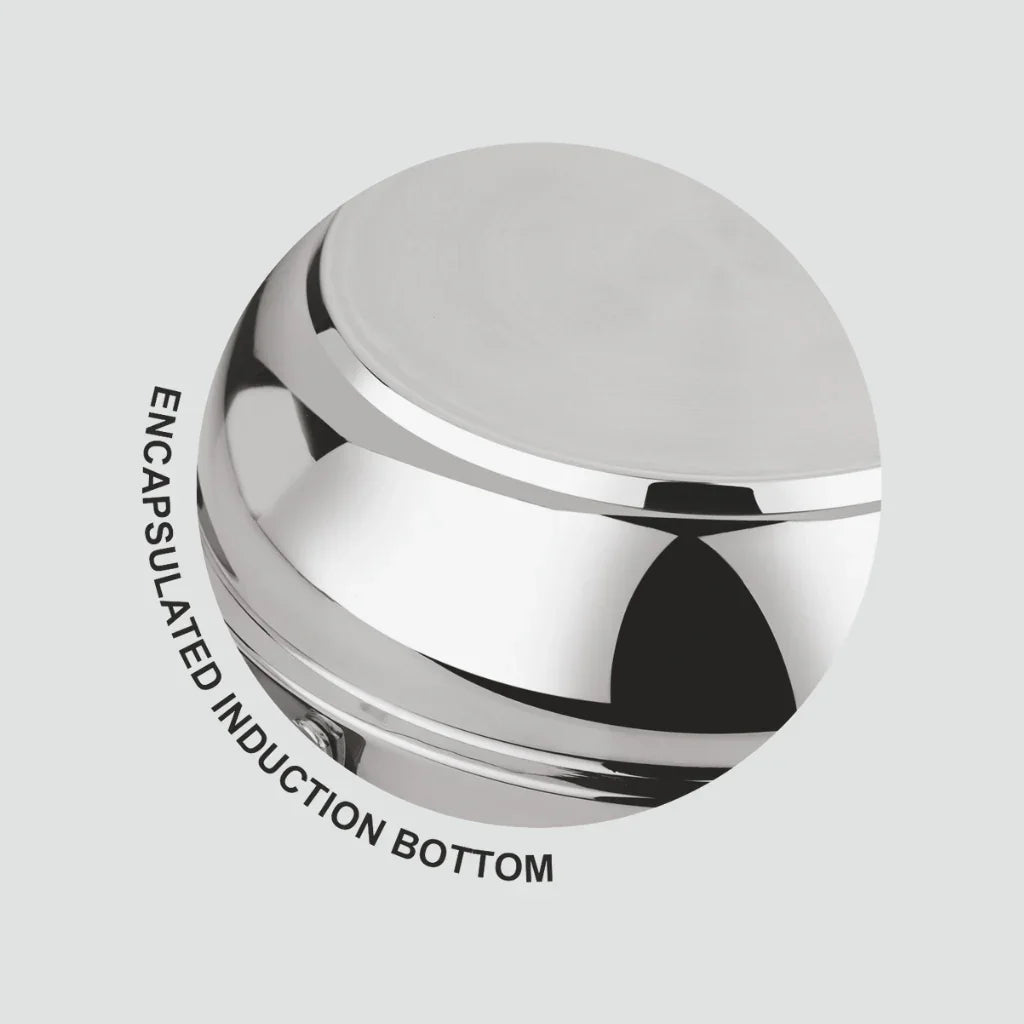 Close-up of stainless steel cookware with encapsulated induction bottom
