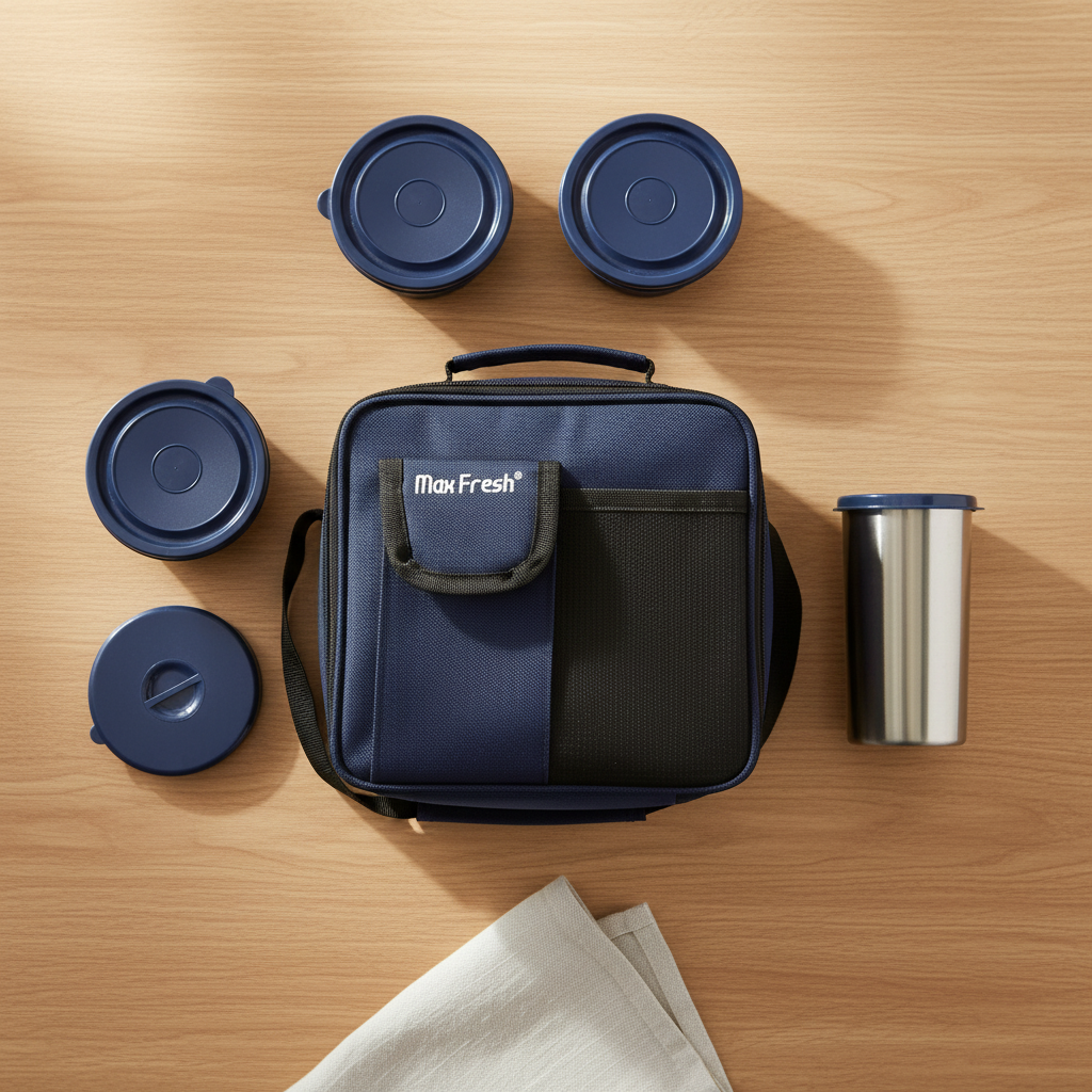 Stainless steel lunch box set with blue lids, insulated bag, and tumbler on wooden surface