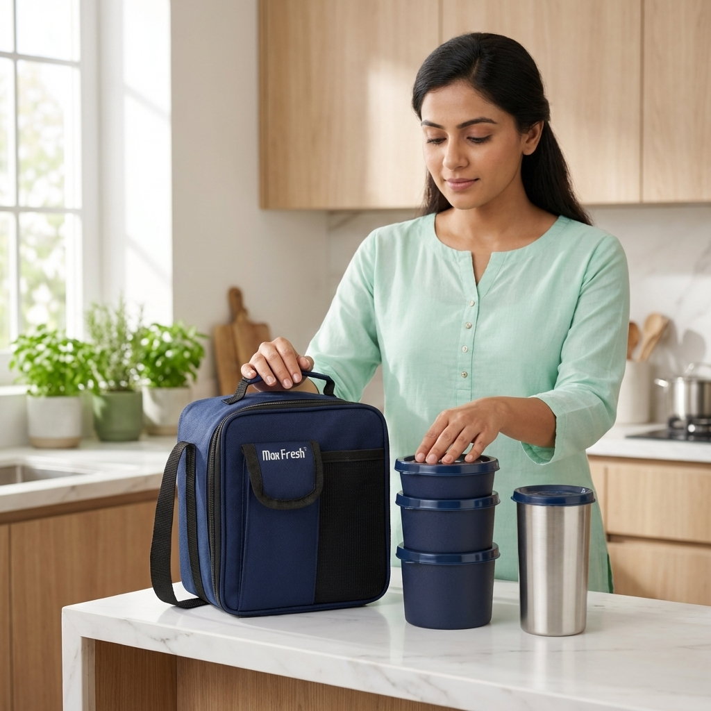 Woman in kitchen packing blue lunch bag with stainless steel casserole containers and tumbler
