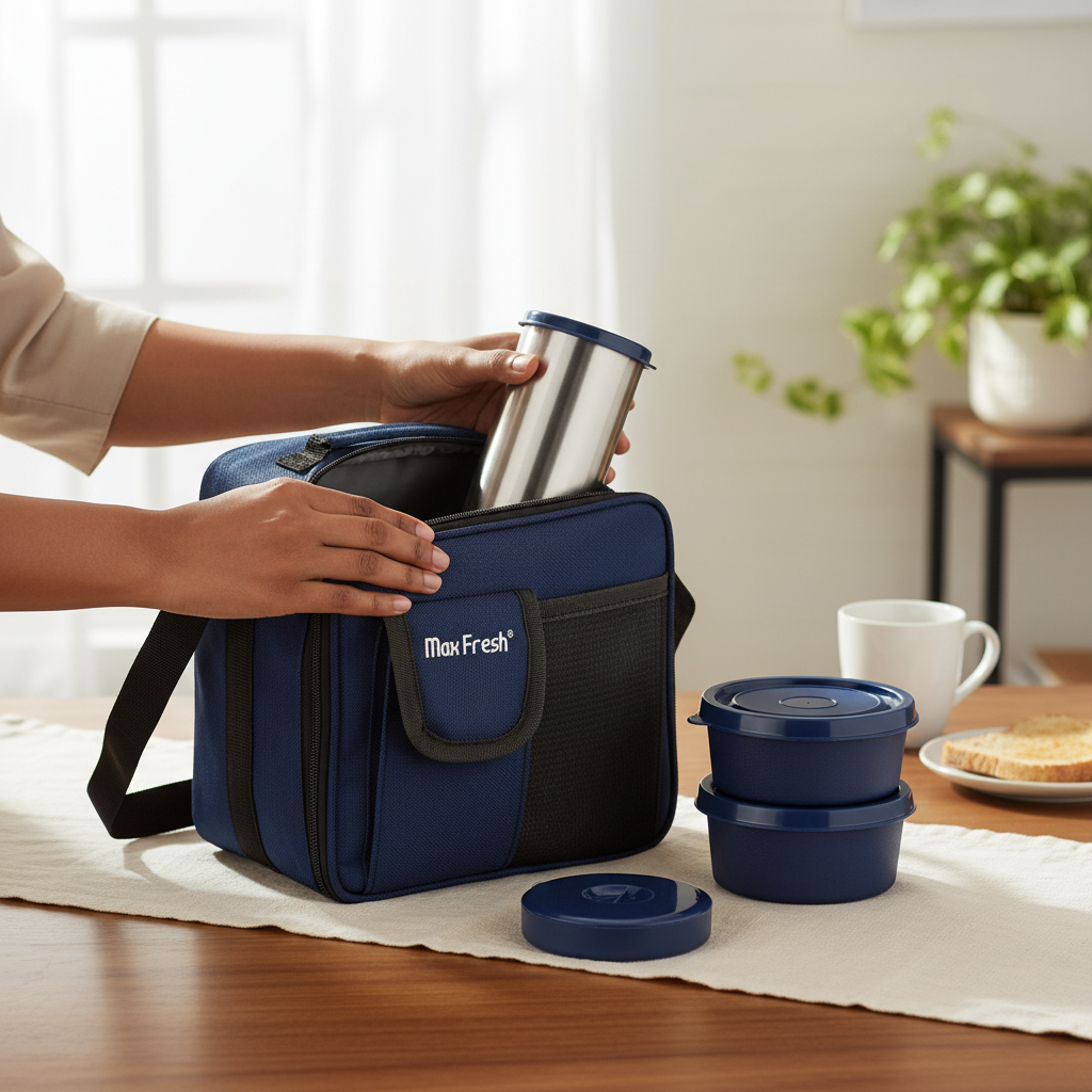 Person placing stainless steel food container into blue insulated lunch bag with matching round containers on table.