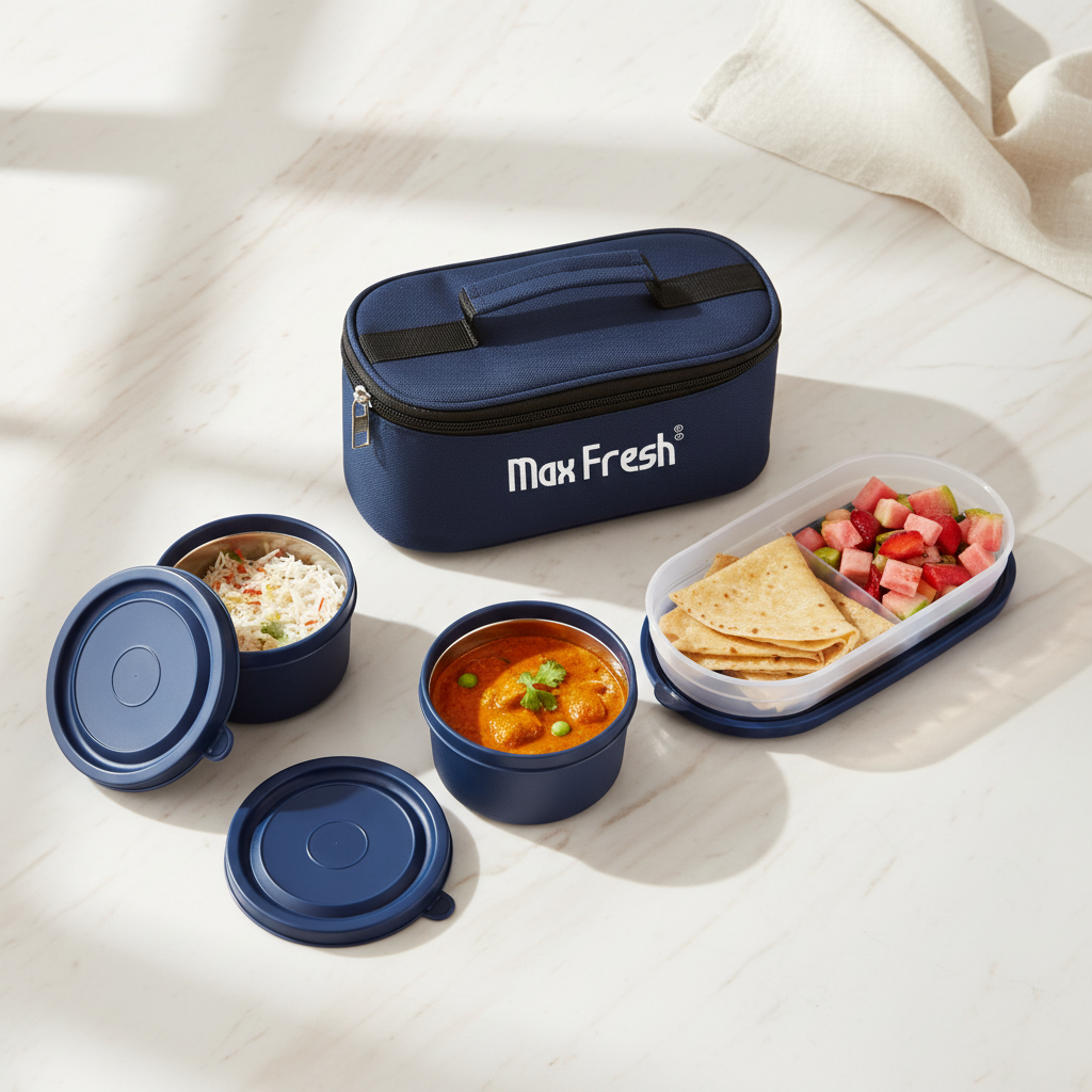 Three-piece lunch box set with navy blue insulated bag, food containers, flatbreads, and fruit.