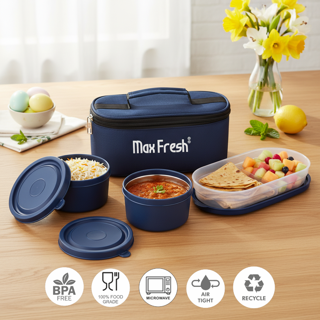 Three-piece lunch box set with blue containers, insulated bag, fruit, and roti, microwave safe.