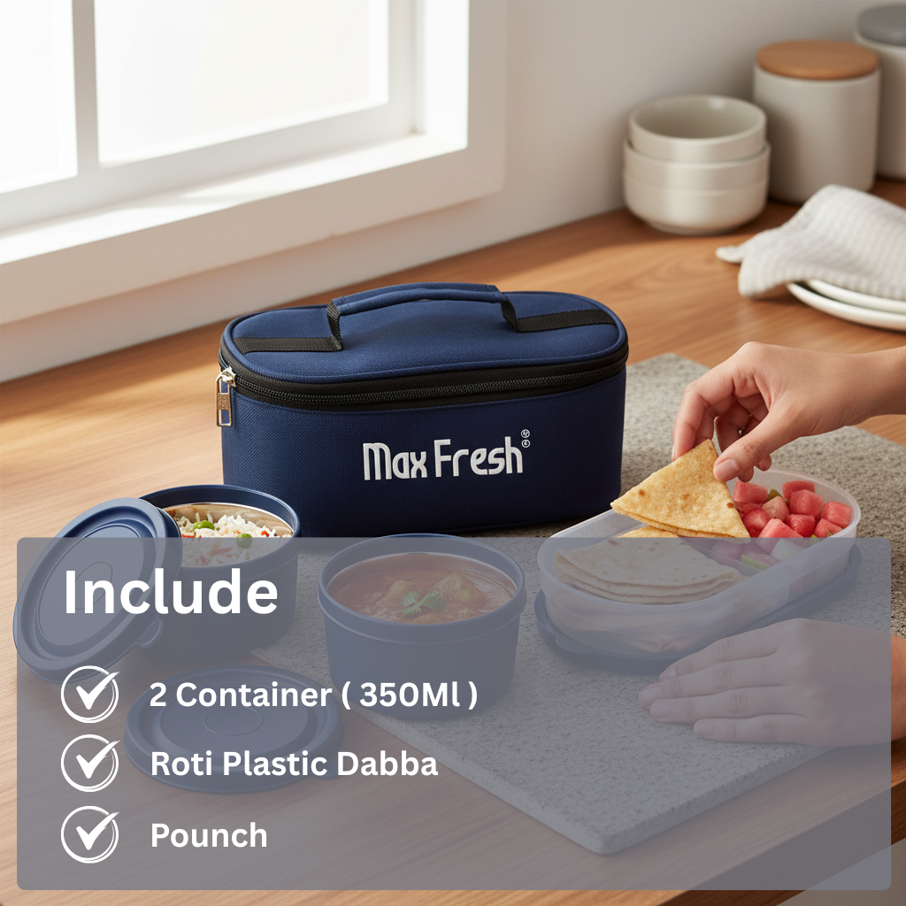 Lunch box set with blue pouch, two food containers, roti dabba and meal being served