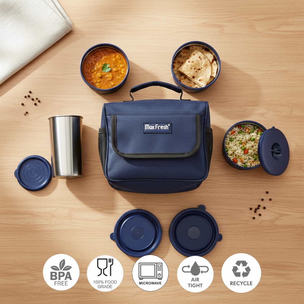 Stainless steel lunch box set with insulated blue bag, food containers, and metal tumbler on wood table
