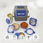 Stainless steel lunch box set with airtight blue lids, insulated bag, and food containers.