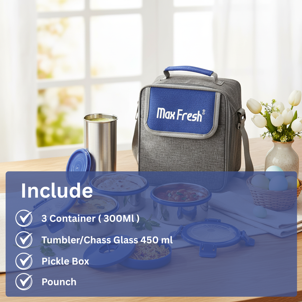 Stainless steel lunch box set with insulated grey blue pouch, three containers, tumbler, and pickle box on a kitchen table.