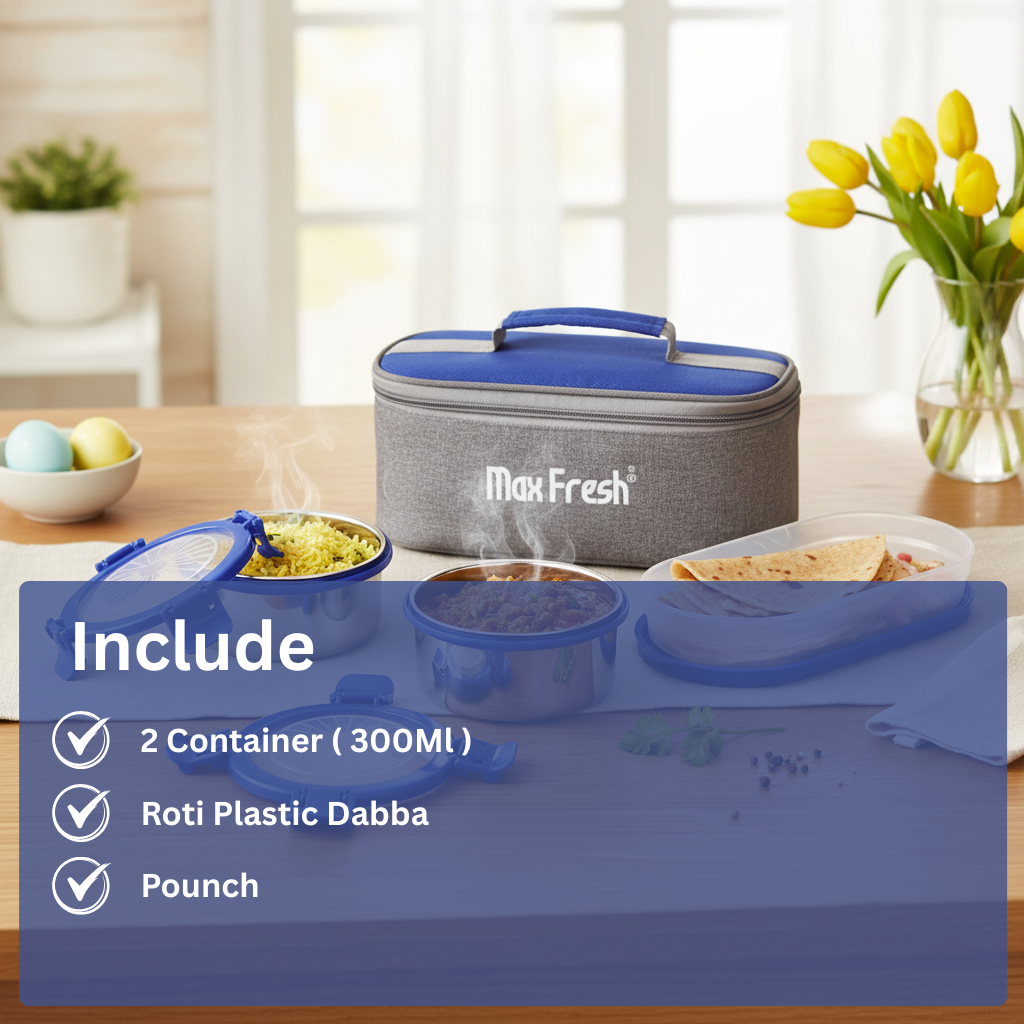 Insulated lunch box set with two stainless steel containers, plastic food box, and pouch on kitchen table