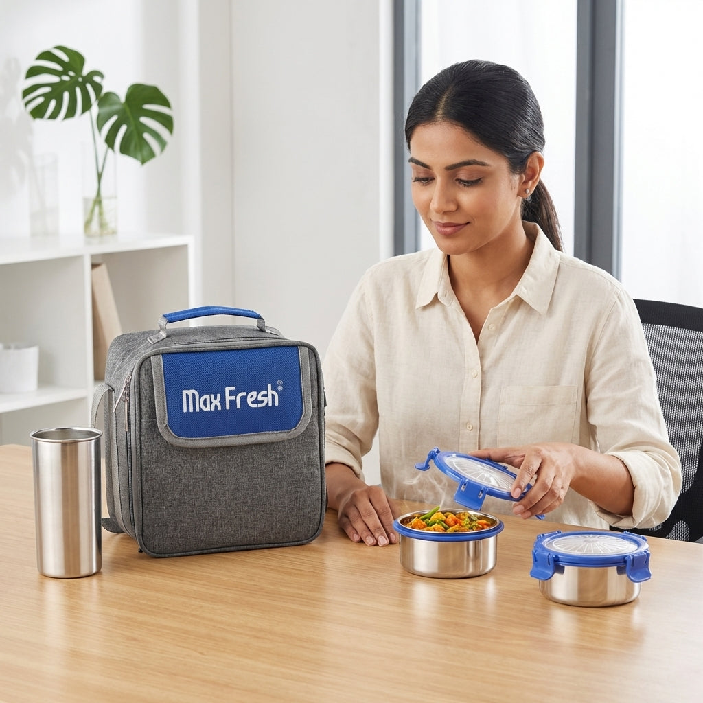 Woman opening stainless steel lunch box with airtight lid, insulated lunch bag and tumbler on table