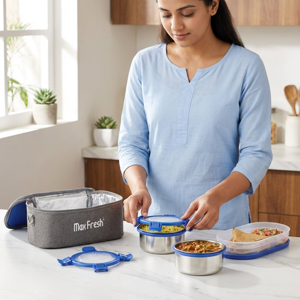 Woman packing stainless steel lunch boxes with food and blue lids in a kitchen