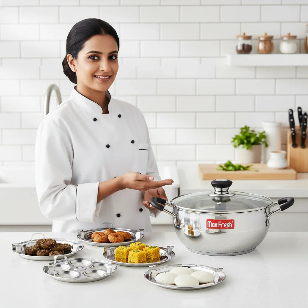 Chef presenting stainless steel multi kadai with glass lid and assorted Indian snacks on plates