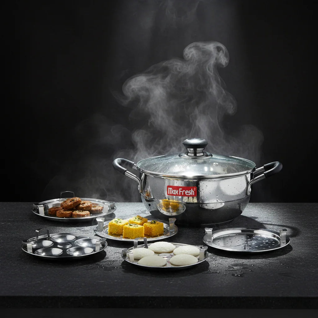 Stainless steel multi kadai with glass lid, five steaming plates, and assorted Indian snacks