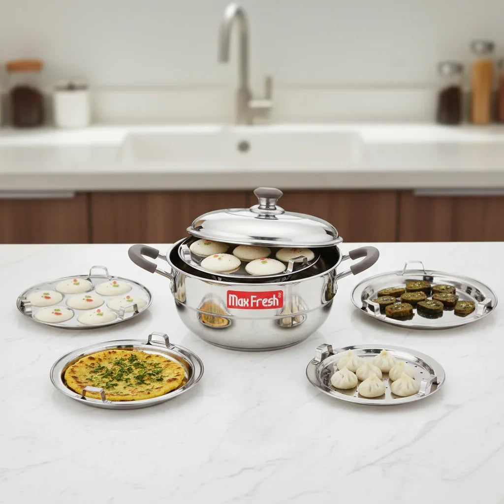 Stainless steel multi kadai with sandwich bottom, two idli plates, dhokla and momo plates, in a modern kitchen.