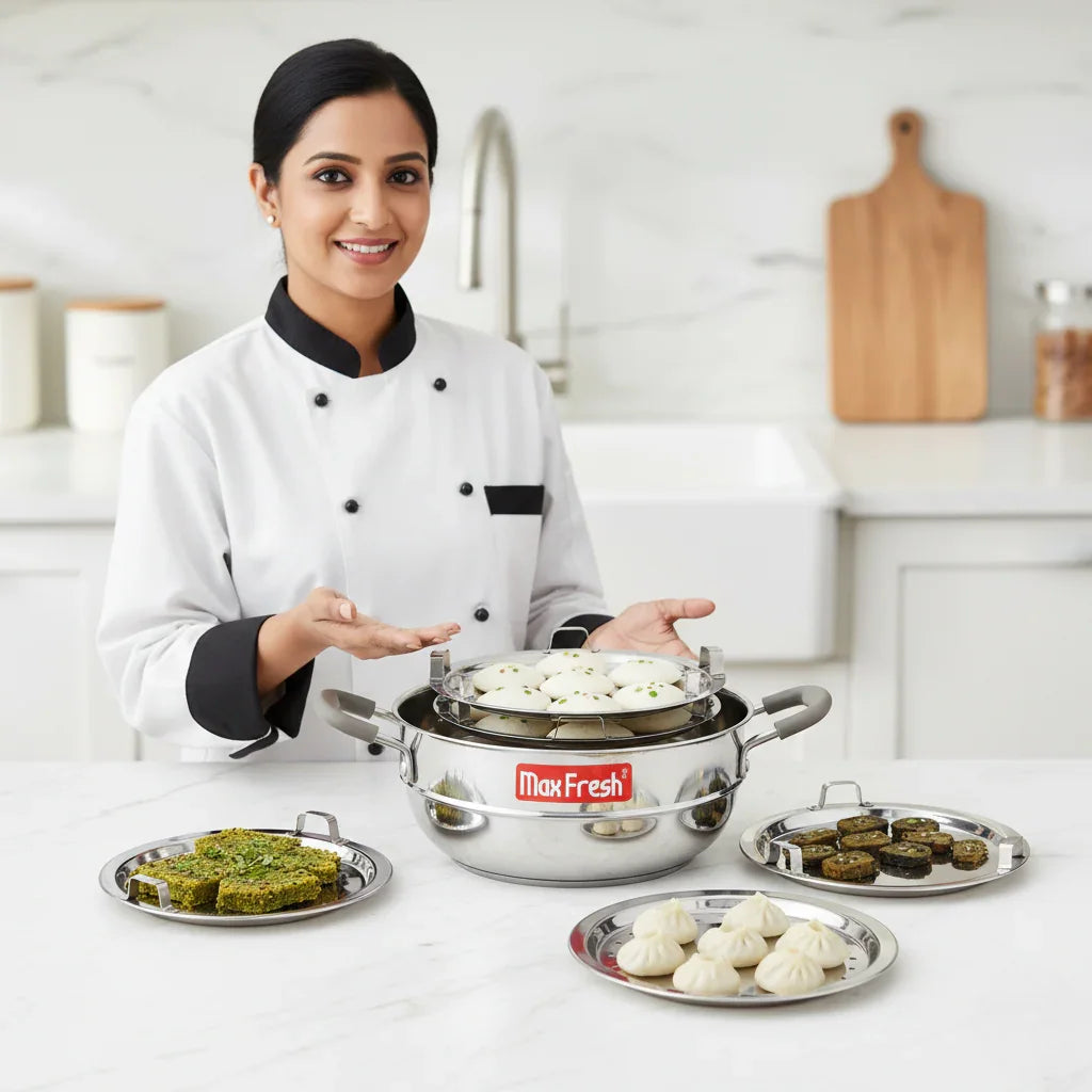 Chef presenting stainless steel multi kadai with assorted steamed snacks in modern kitchen