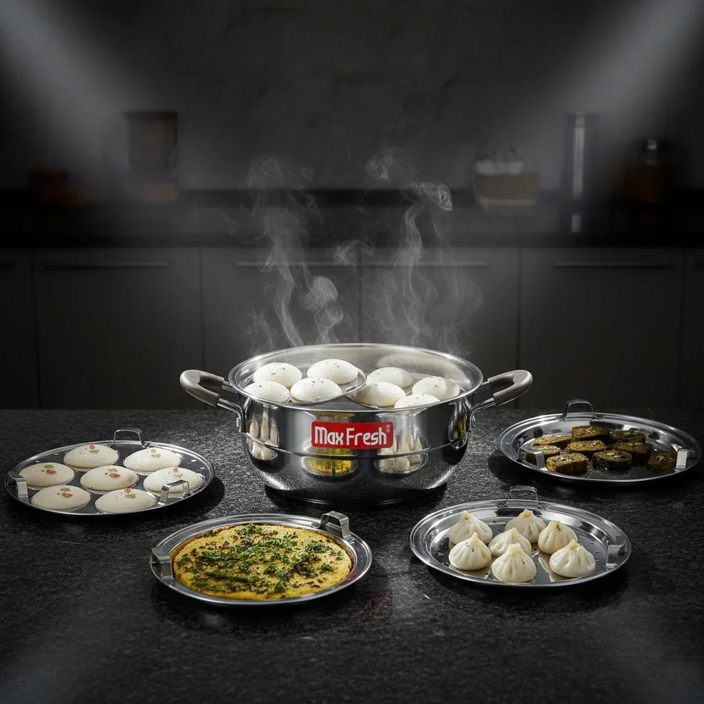 Stainless steel multi kadai with steaming idlis, surrounded by plates of dhokla, momos, and other snacks