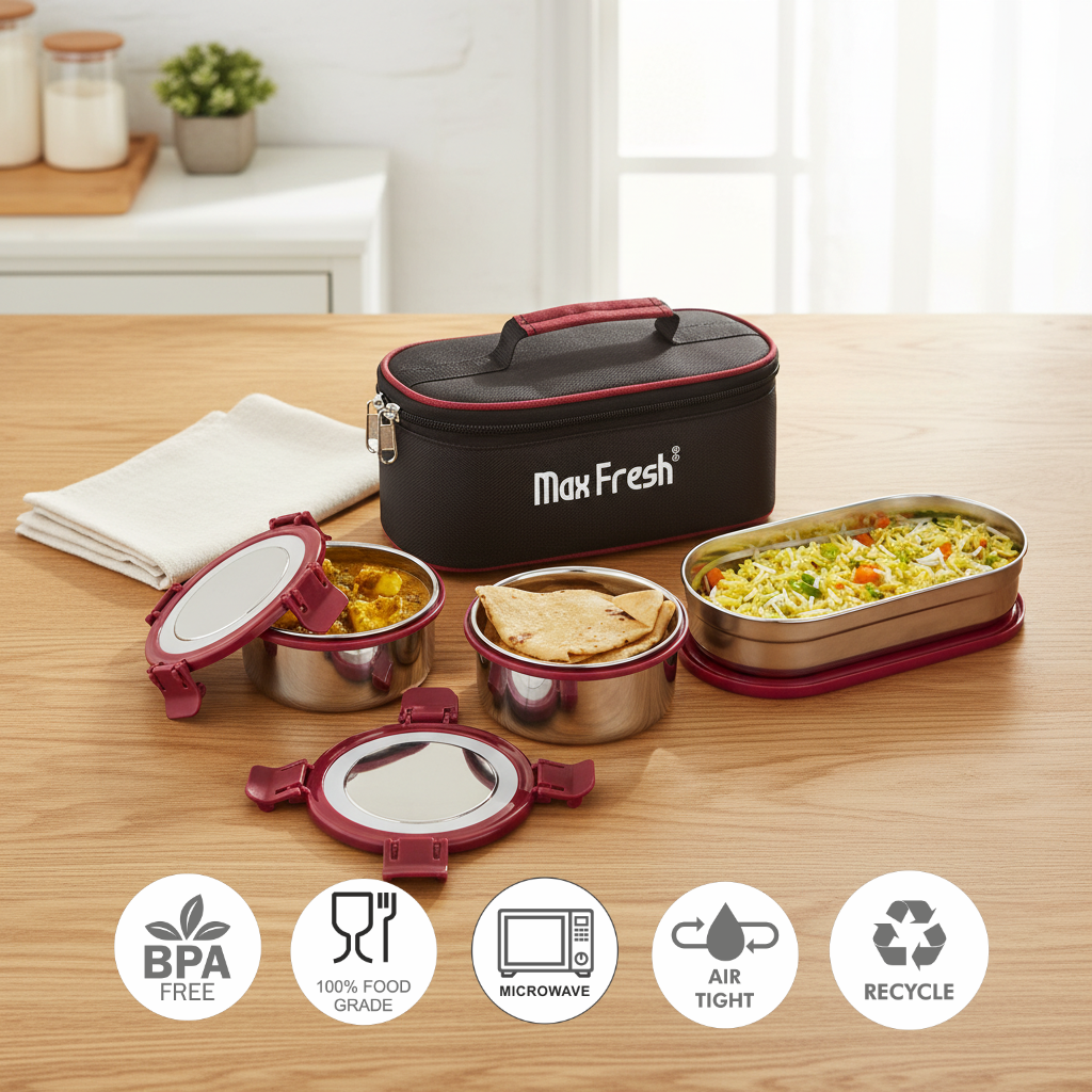 Stainless steel lunch box set with insulated carrying case on wooden table, BPA free, airtight, microwave safe containers.