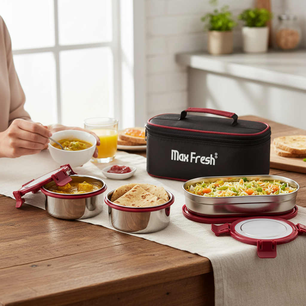Stainless steel lunch box set with red lids, food and insulated bag on a kitchen table