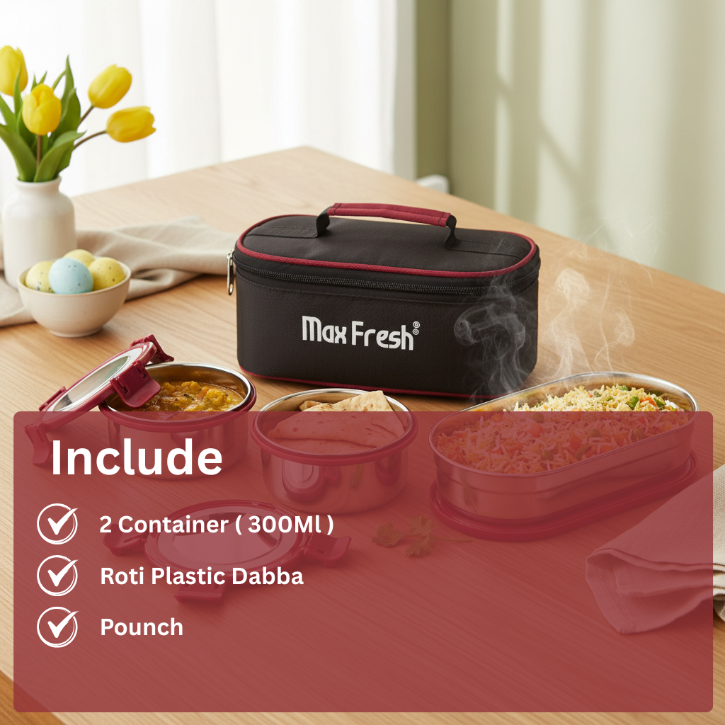 Stainless steel lunch containers, roti dabba, and insulated pouch on a kitchen table.