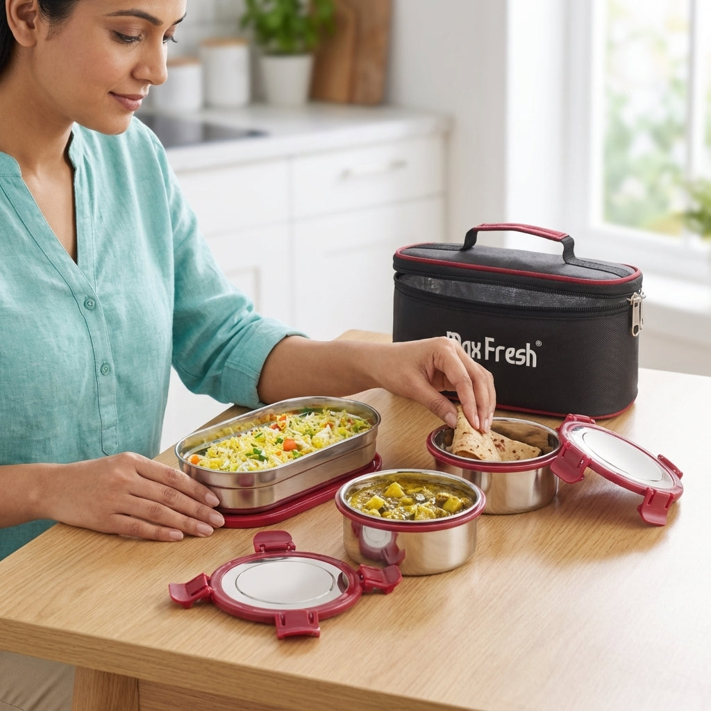 Woman using stainless steel lunch box set with locking lids and insulated carry case on kitchen table