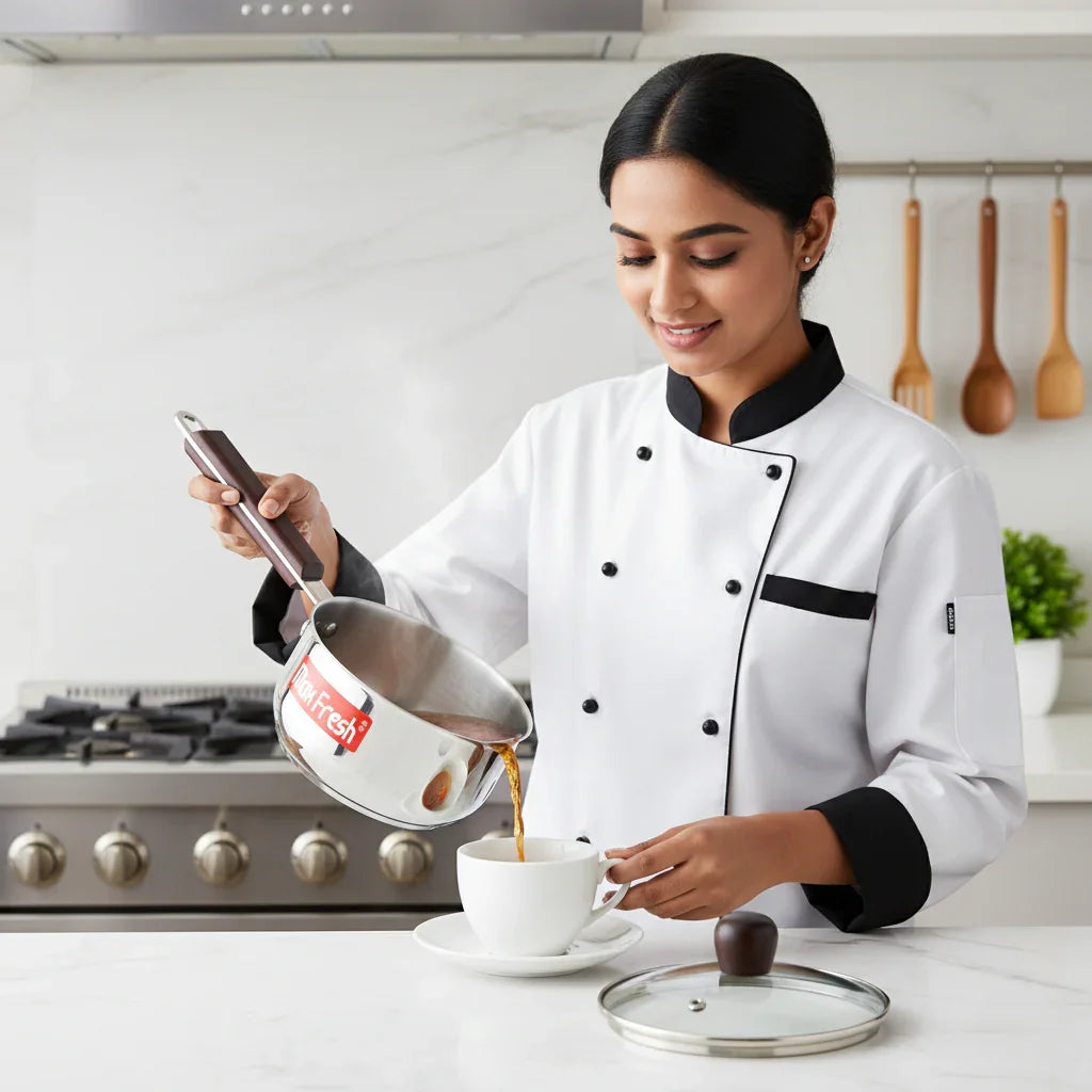 Chef pouring tea from stainless steel saucepan into cup in modern kitchen