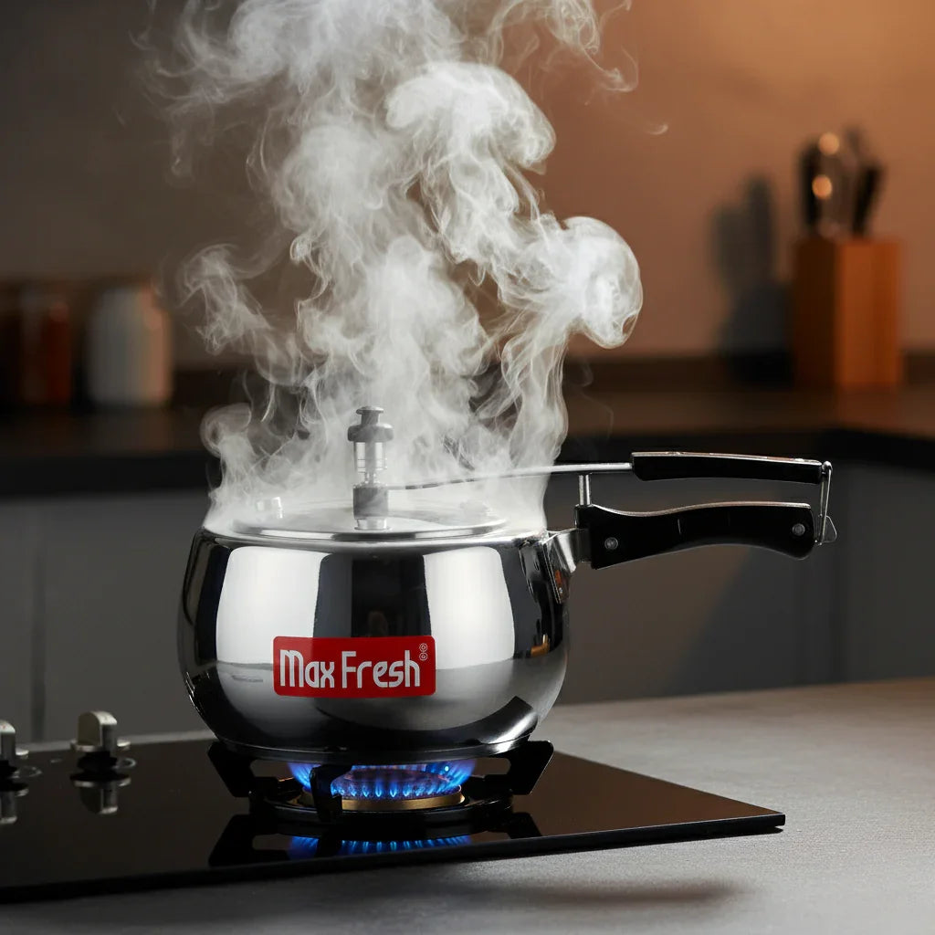 Stainless steel pressure cooker on gas stove with steam rising in modern kitchen