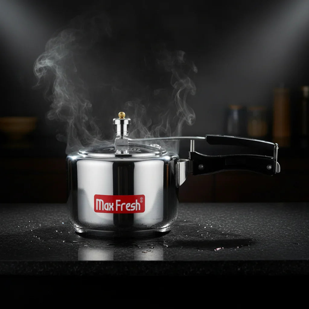 Stainless steel pressure cooker with black handle, steaming on a dark kitchen counter