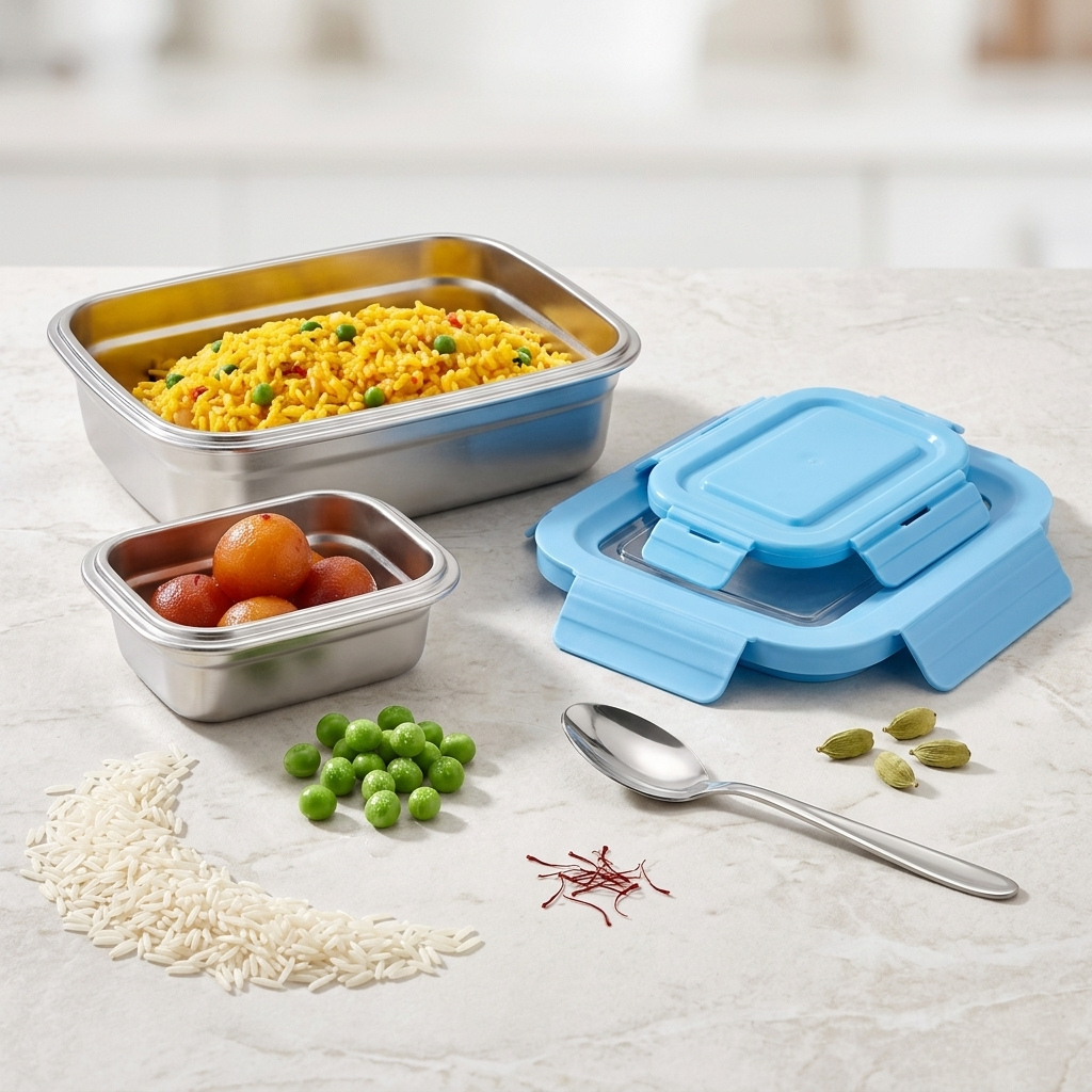 Stainless Steel Lunch Box Cherish Big | 1 Pc Big Lunch Box with Transparent Lid 875 ml, 1 Pc Small Box 120 ml with Spoon