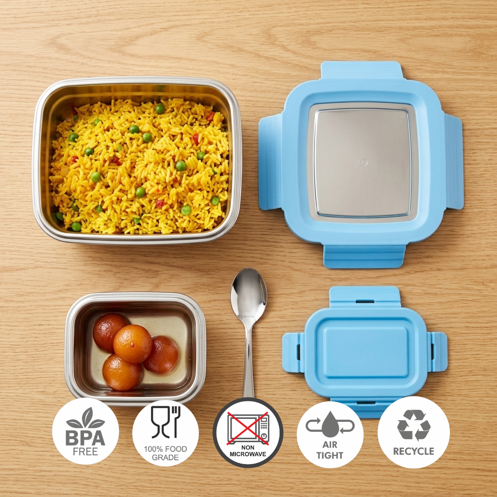 Stainless Steel Lunch Box Cherish Big | 1 Pc Big Lunch Box with Transparent Lid 875 ml, 1 Pc Small Box 120 ml with Spoon