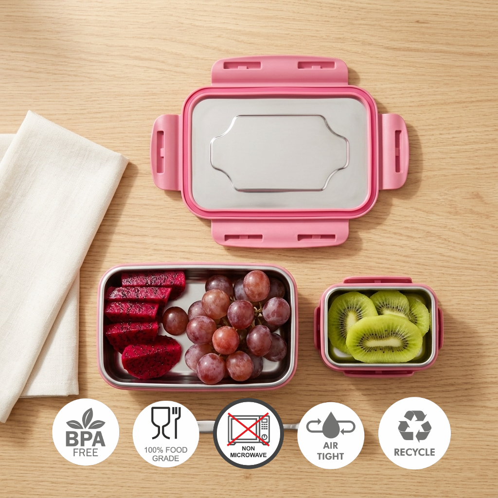 Stainless Steel Lunch Box Inox Snacksbox Small 1 Pc Big Lunch Box with SS Lid (550 ml), 1 Pc Small Box with SS Lid (110 ml) with Spoon