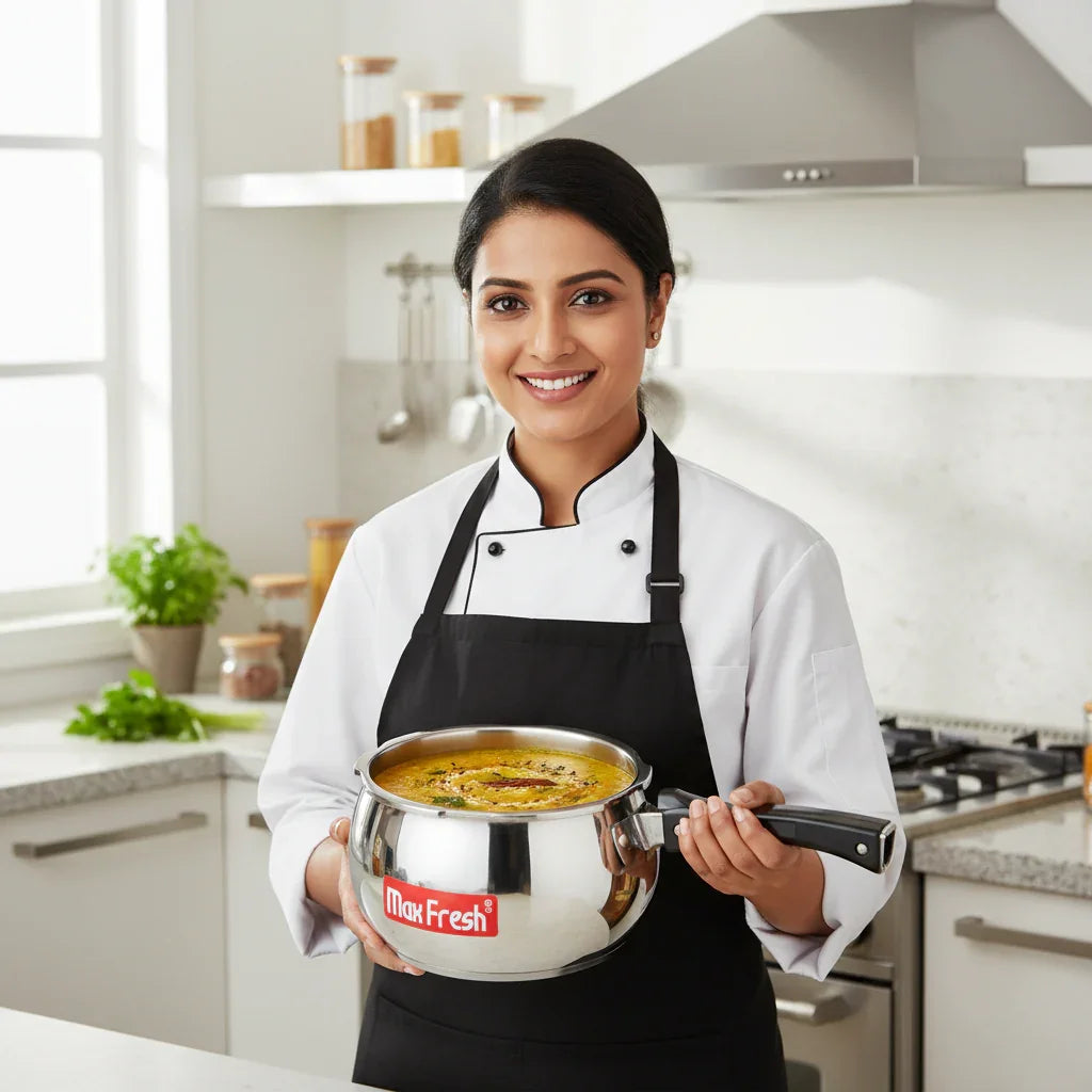 Chef holding stainless steel casserole pot with inner lid in modern kitchen
