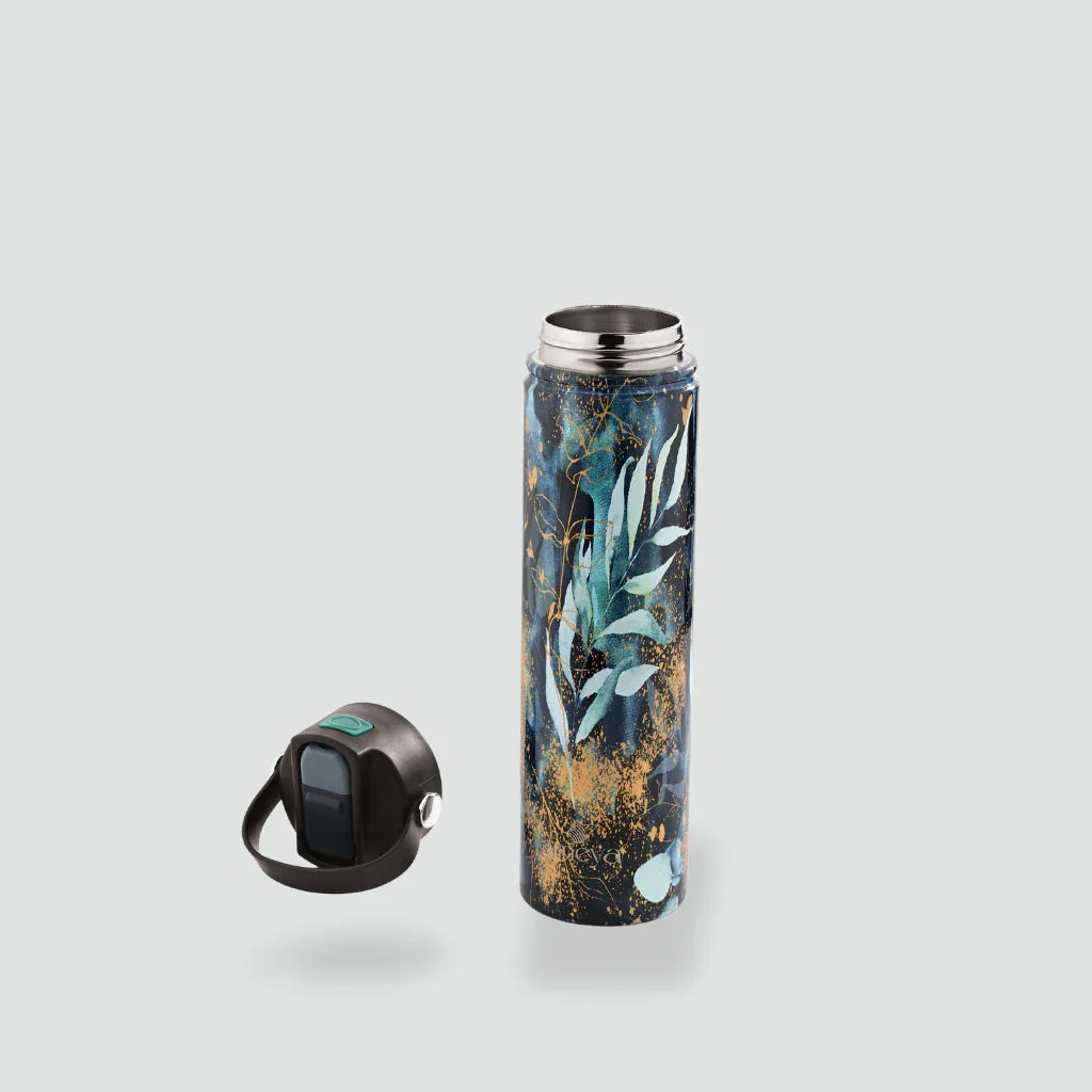 Stylish stainless steel sipper water bottle with blue leaf design and removable lid
