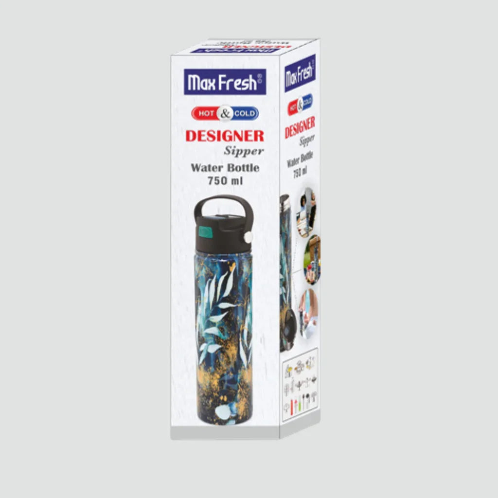 Designer insulated sipper water bottle 750ml, blue leaf pattern, in product box